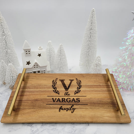 Family Name with Initial Monogram Tray with Gold Handle
